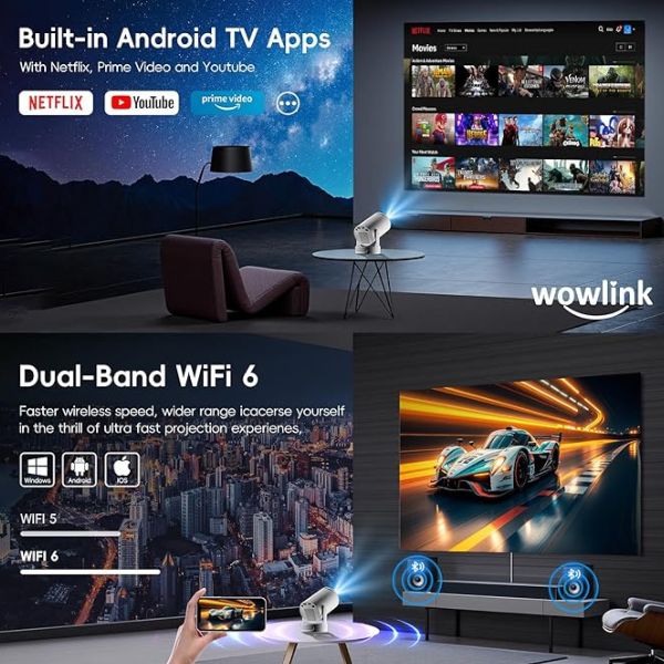 Proyector con WiFi-Bluetooth HD 4K 1080P 180° Rotable Compatibile con HDMI/TV Stick